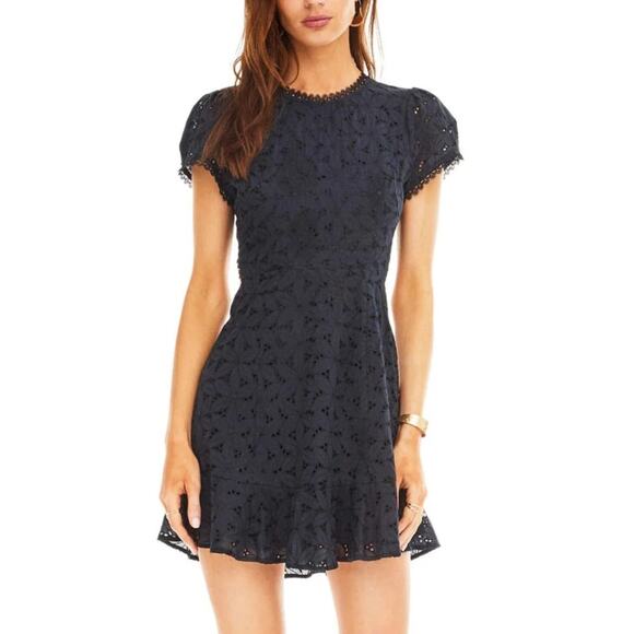 ASTR the Label NWT Maxie Lattice Back Eyelet Mini Dress Navy/Black L - Picture 2 of 8